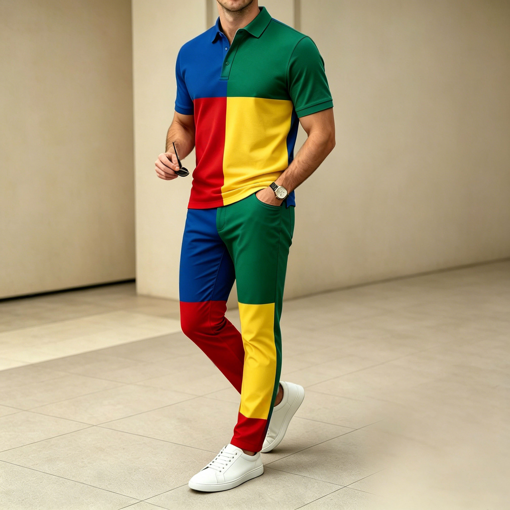 Conjunto de dos piezas casual Color-Blocked Geometric estampado camisa polo And pantalón para hombre