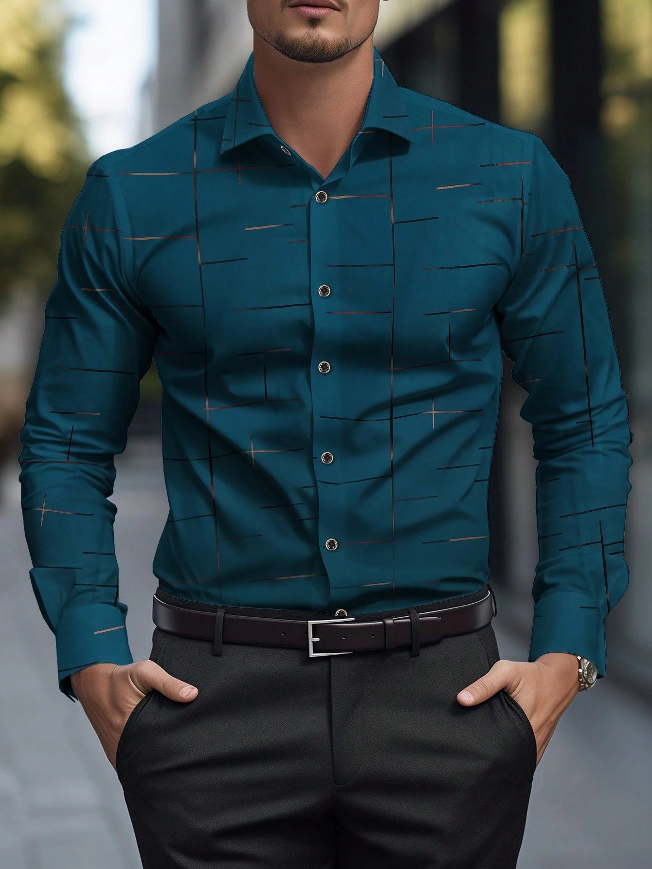 Camisa Street Style ejecutivo casual estampado de manga larga para hombre