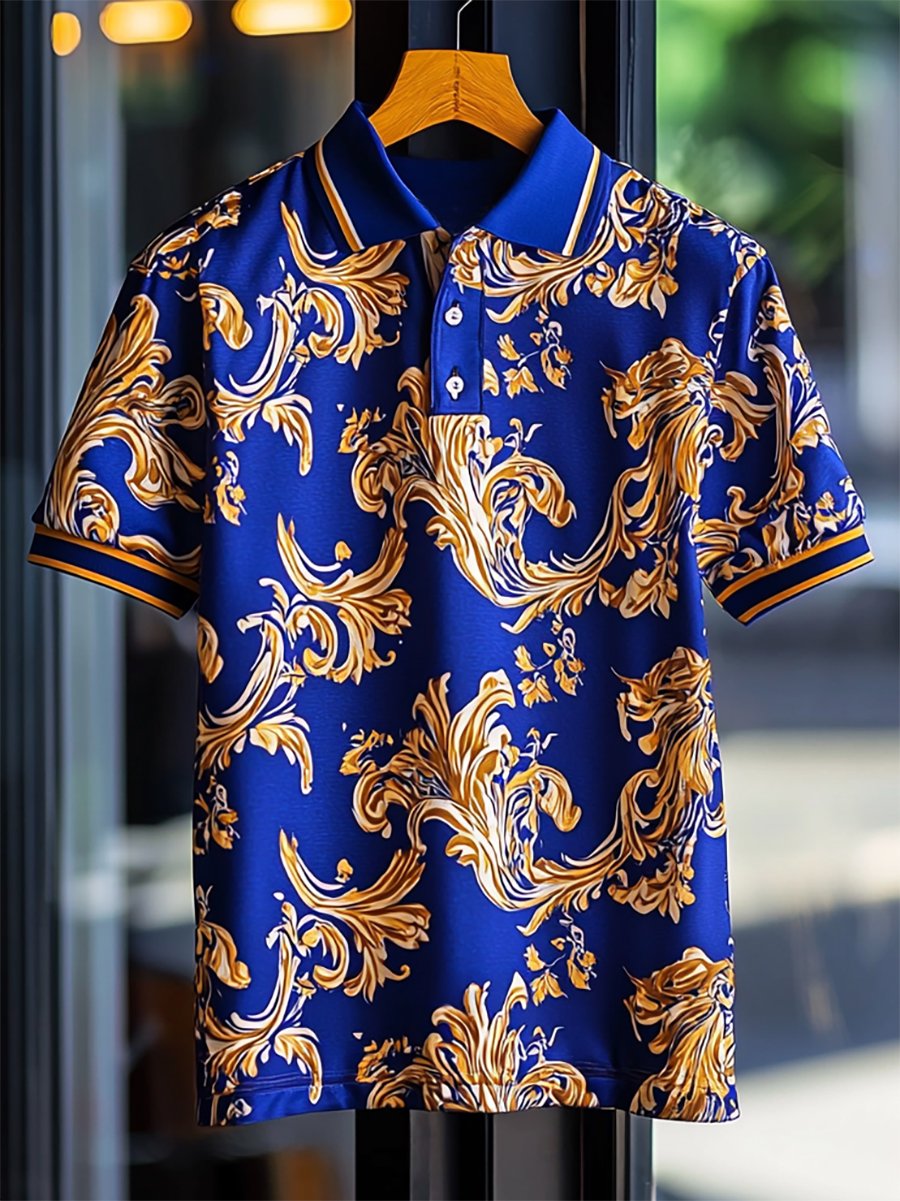 Camisa polo ejecutivo casual Baroque Art Button de manga corta para hombre