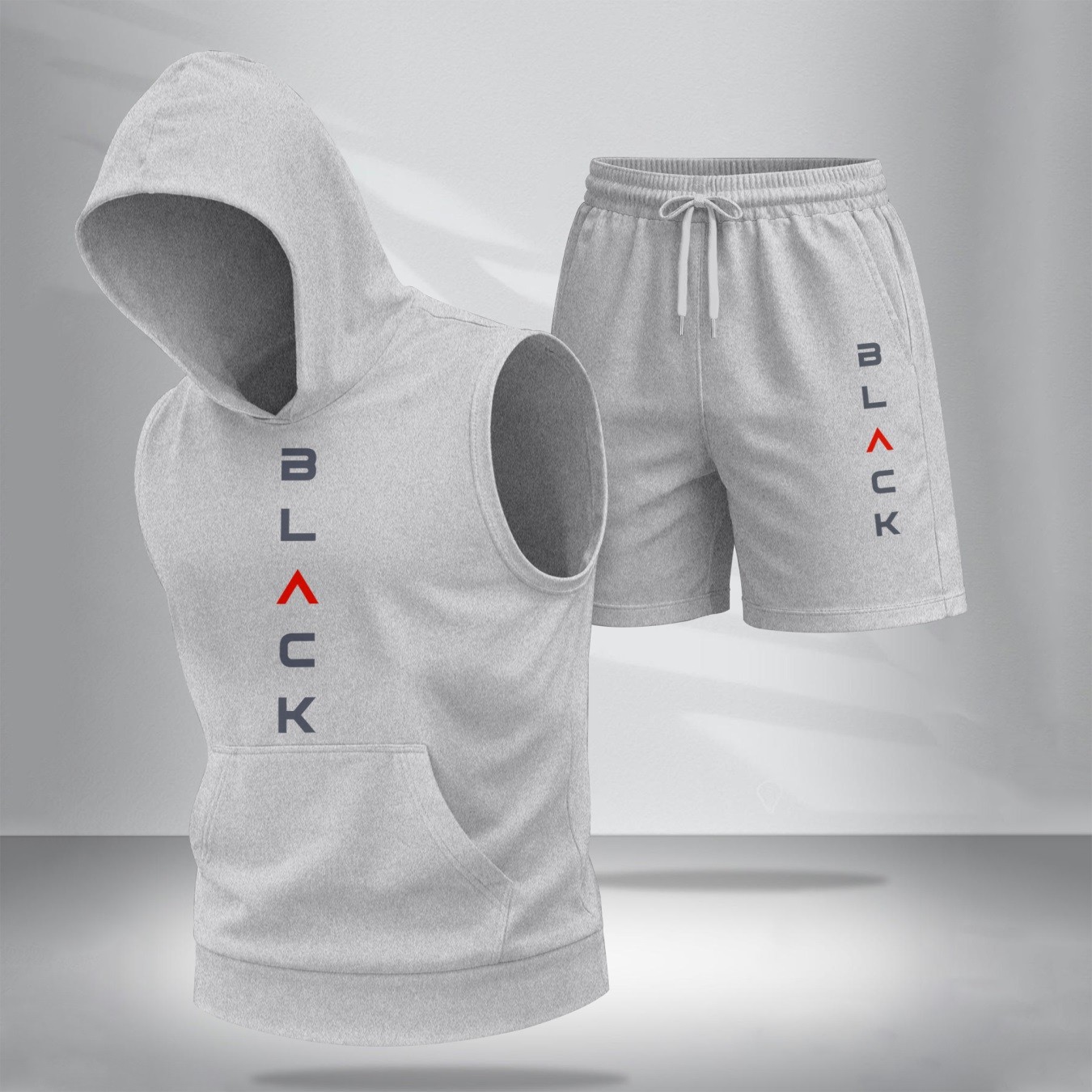 Sudadera con capucha Sleeveless & shorts Set – “BLACK” Vertical Graphic Design, casual Summer Streetwear, Regular Fit Two-Piece Tracksuit, Athletic para exterior Activewear, TikTok Trending Summer Outfit para hombre
