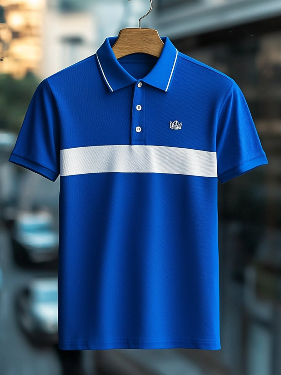 Camisa polo ejecutivo rayas Logo con botones de manga corta para hombre