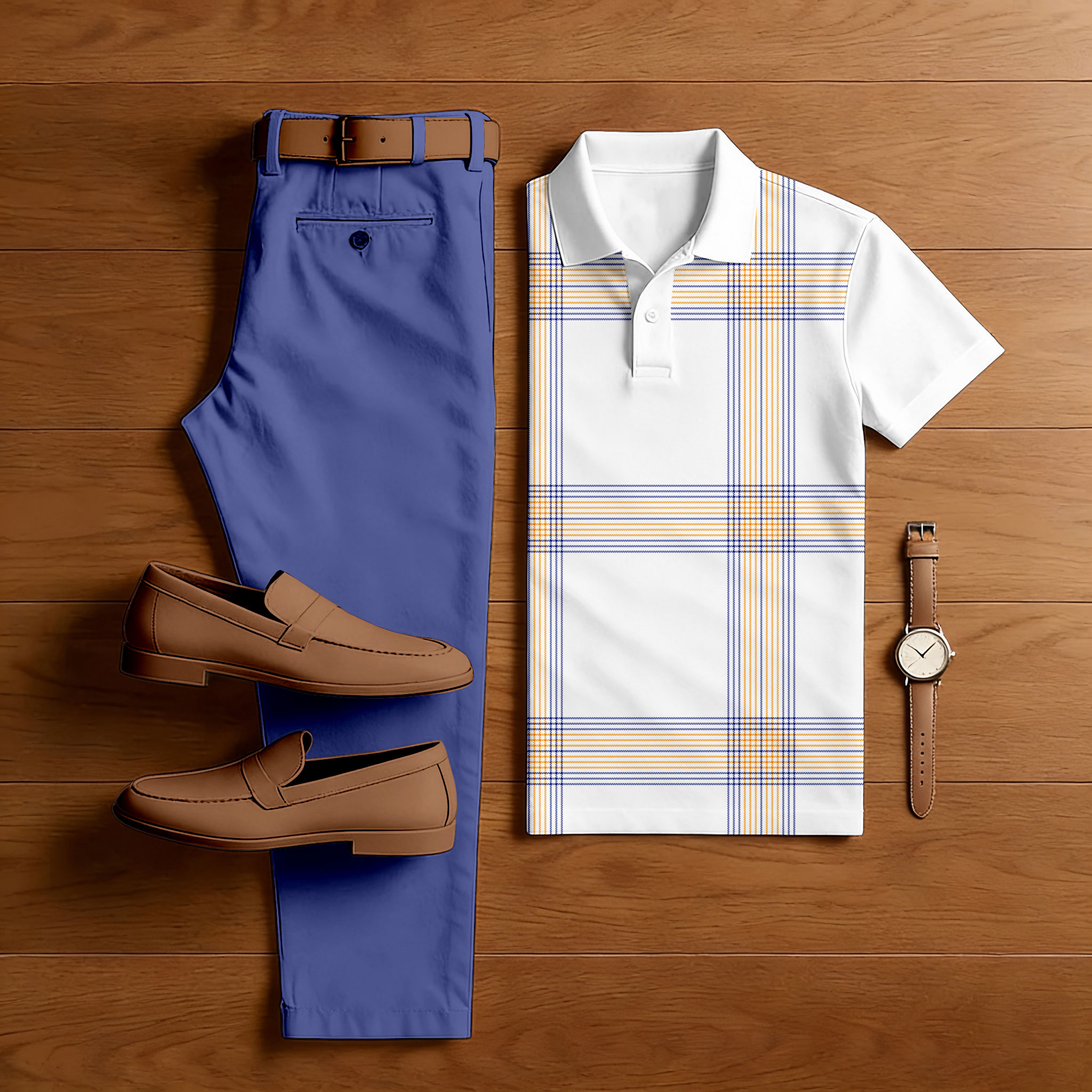 Conjunto de dos piezas casual Violet & WhiteColor Matching Checkered estampado de manga corta camisa polo & Trousers para hombre