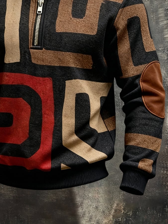Sudadera vintage Color-Block estampado con cierre para hombre
