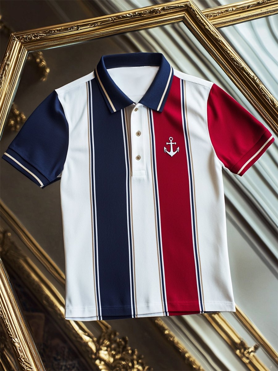 Camisa polo ejecutivo rayas Anchor Logo con botones de manga corta para hombre
