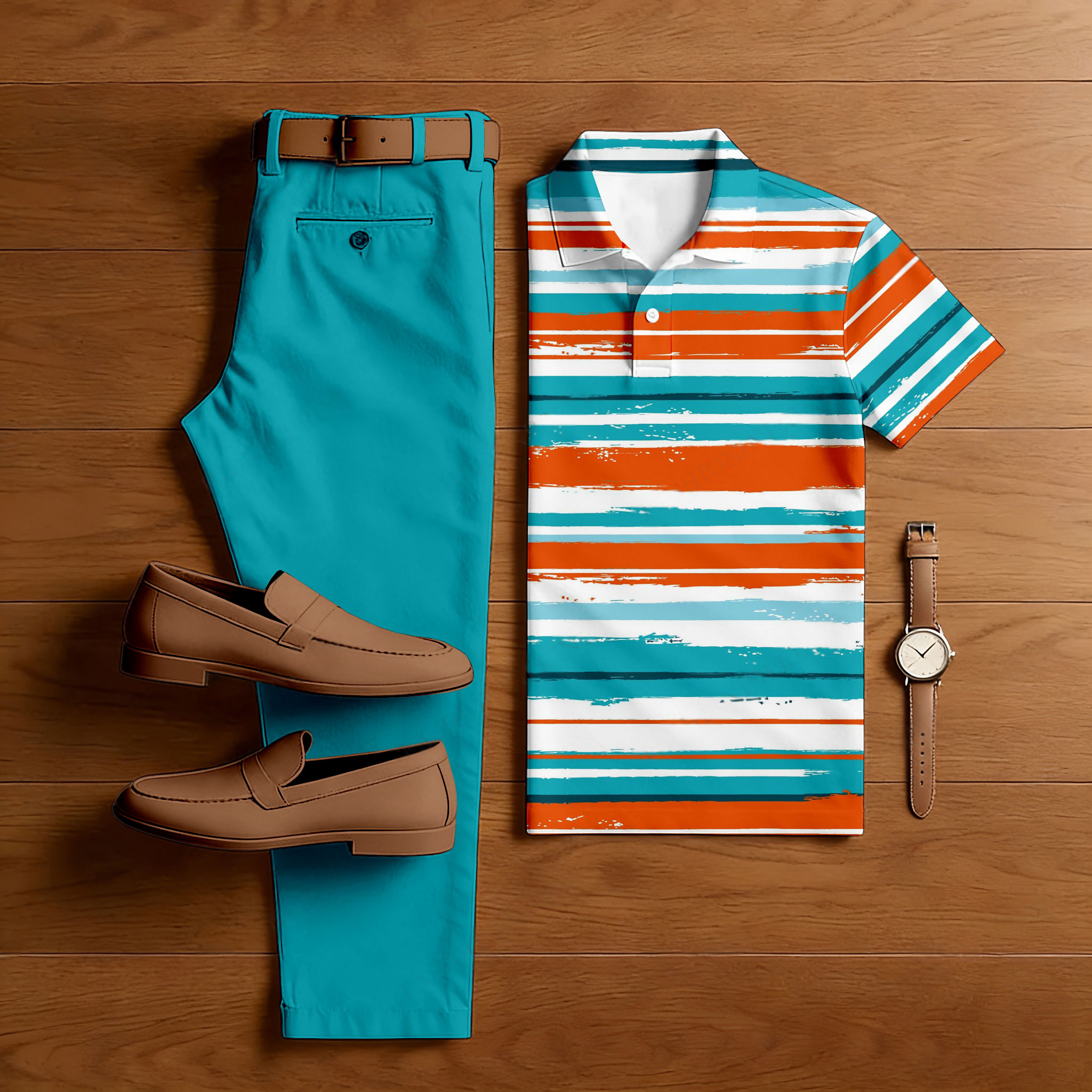 Conjunto de dos piezas casual Green & Orange Color Matching a rayas Art estampado de manga corta camisa polo & Trousers para hombre