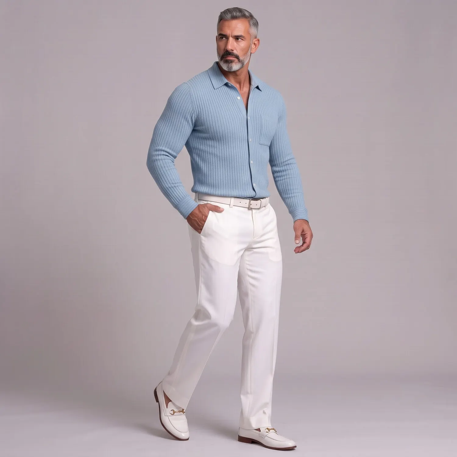 para hombre casual Ribbed tejido Single Breasted Chest Pocket de corte entallado de manga larga camisa