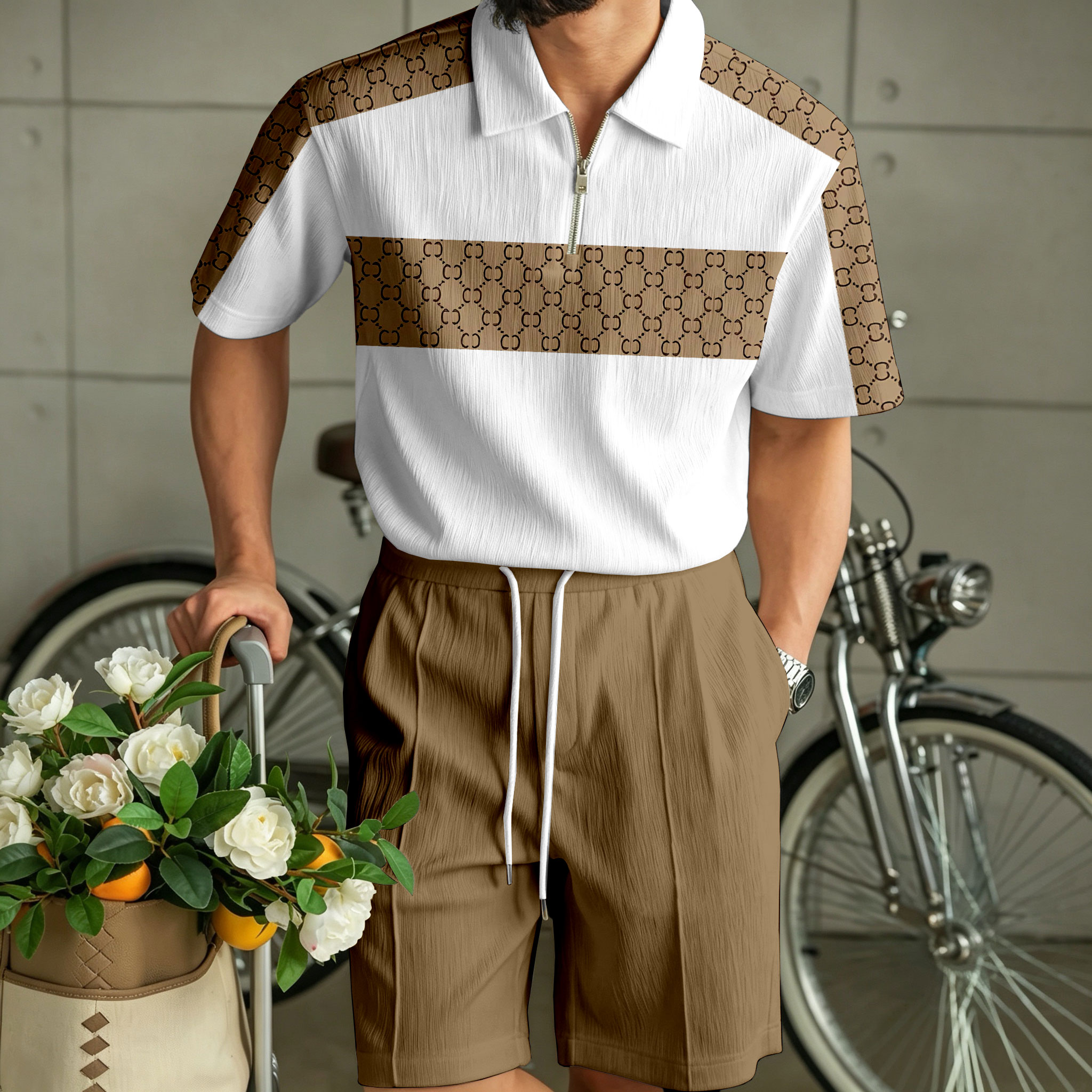 para hombre Color-Blocked Zipper camisa polo and shorts Set