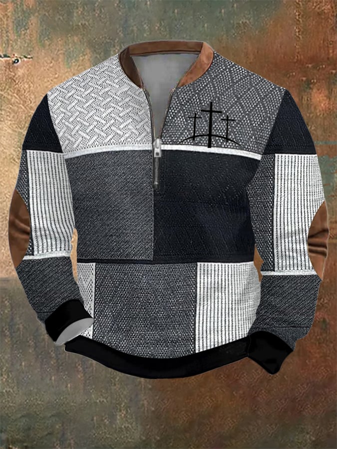Sudadera retro Western texturizado Faith Cross estampado cierre Neck para hombre