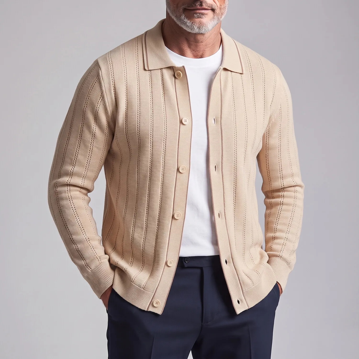 para hombre Navy Blue Hollow Out Contrast Trim Single Breasted tejido Cardigan