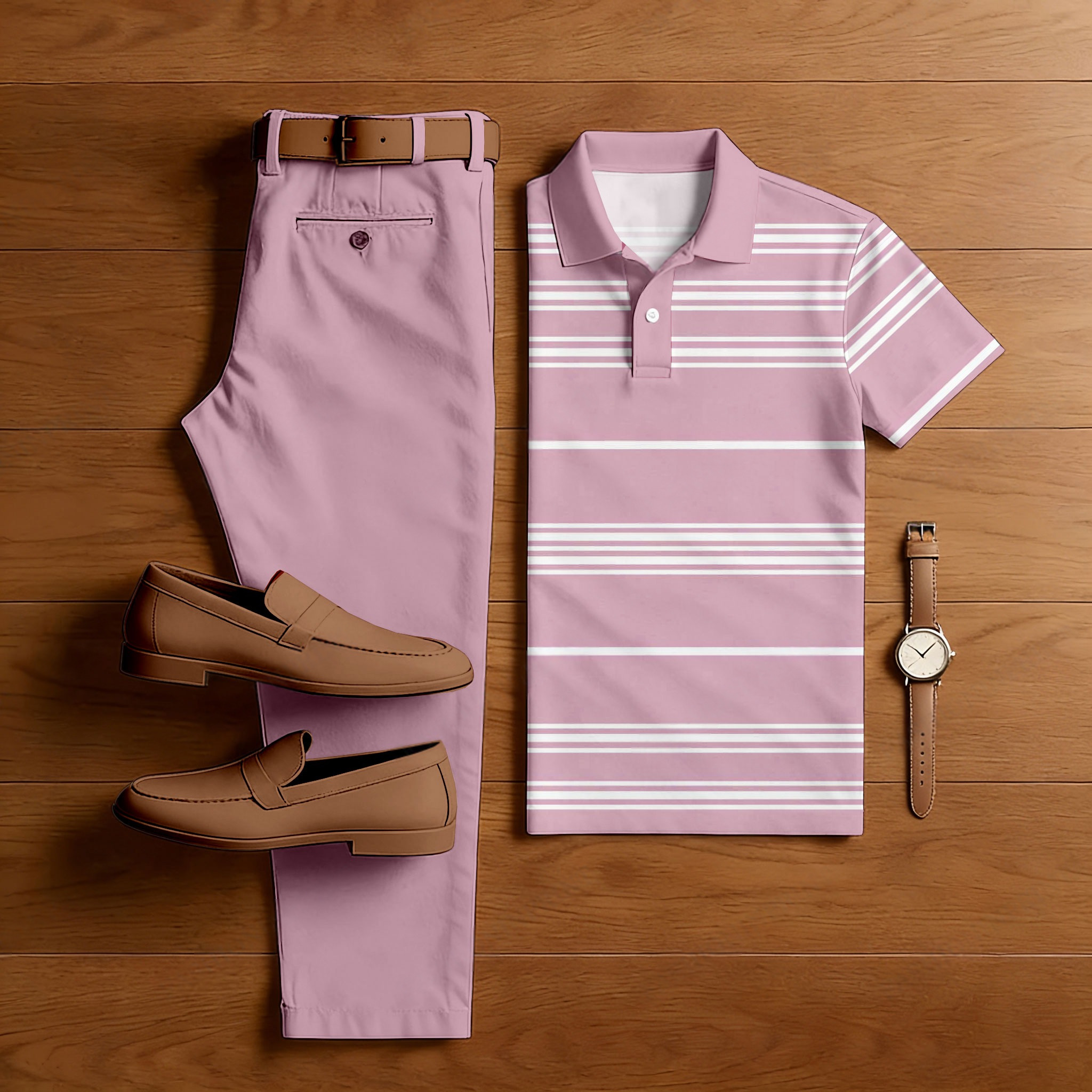 Conjunto de dos piezas casual Pink rayas estampado camisa polo And pantalón para hombre