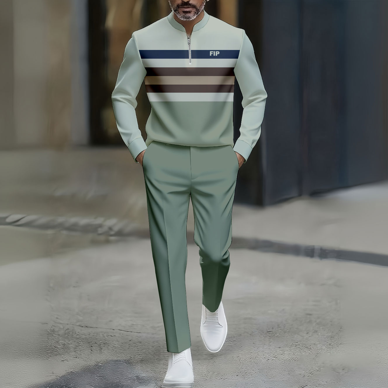 Conjunto de dos piezas casual Green Color Matching a rayas estampado Round-Neck Zipper de manga larga Trousers para hombre