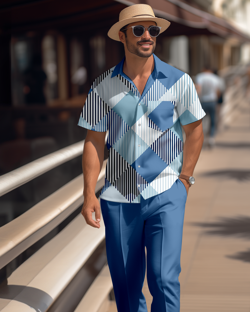 Camisa retro colorblock de manga corta walking Suit 1689 para hombre