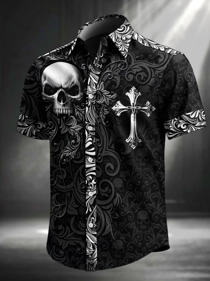 Camisa vintage Skull floral estampado solapa de manga corta para hombre