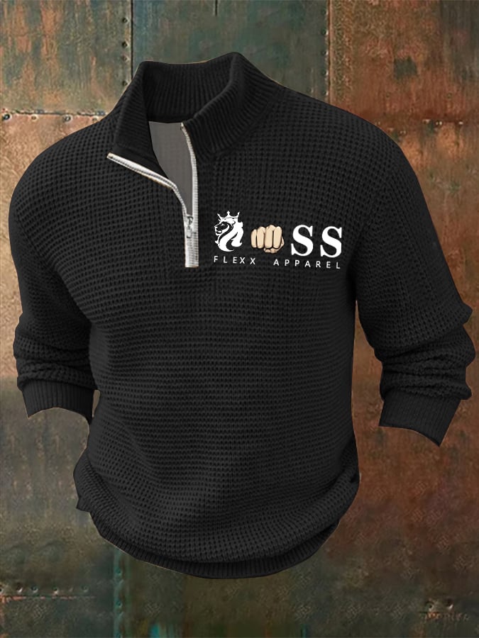Sudadera retro Letter Design estampado cierre cuello jacquard tejidoted para hombre