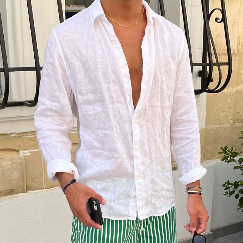 Camisa de lino camisa Summer camisa Beach camisa Plain casual para uso diario Black White Pink Royal Blue de manga larga solapa Spring & Summer Clothing Apparel para hombre - vista 5