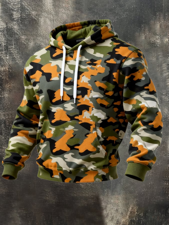 Sudadera retro desgastado en bloques de color camuflaje estampado casual de manga larga para hombre