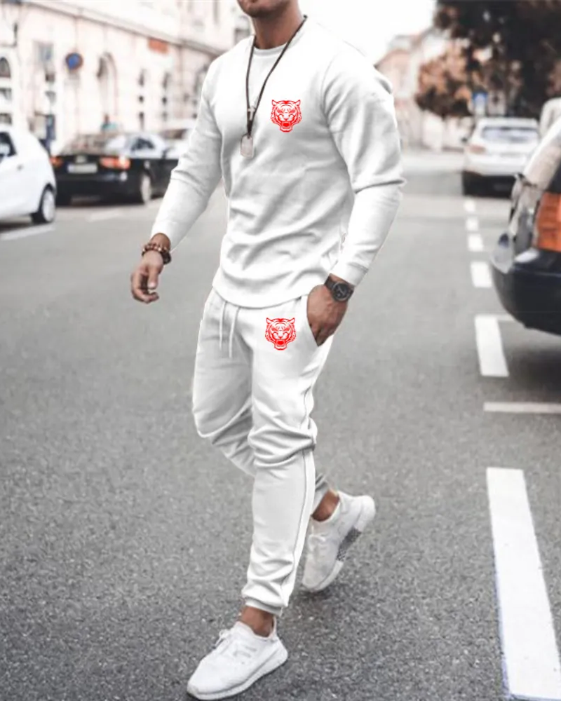 Casual estampado color matching de manga larga sports set 028 para hombre