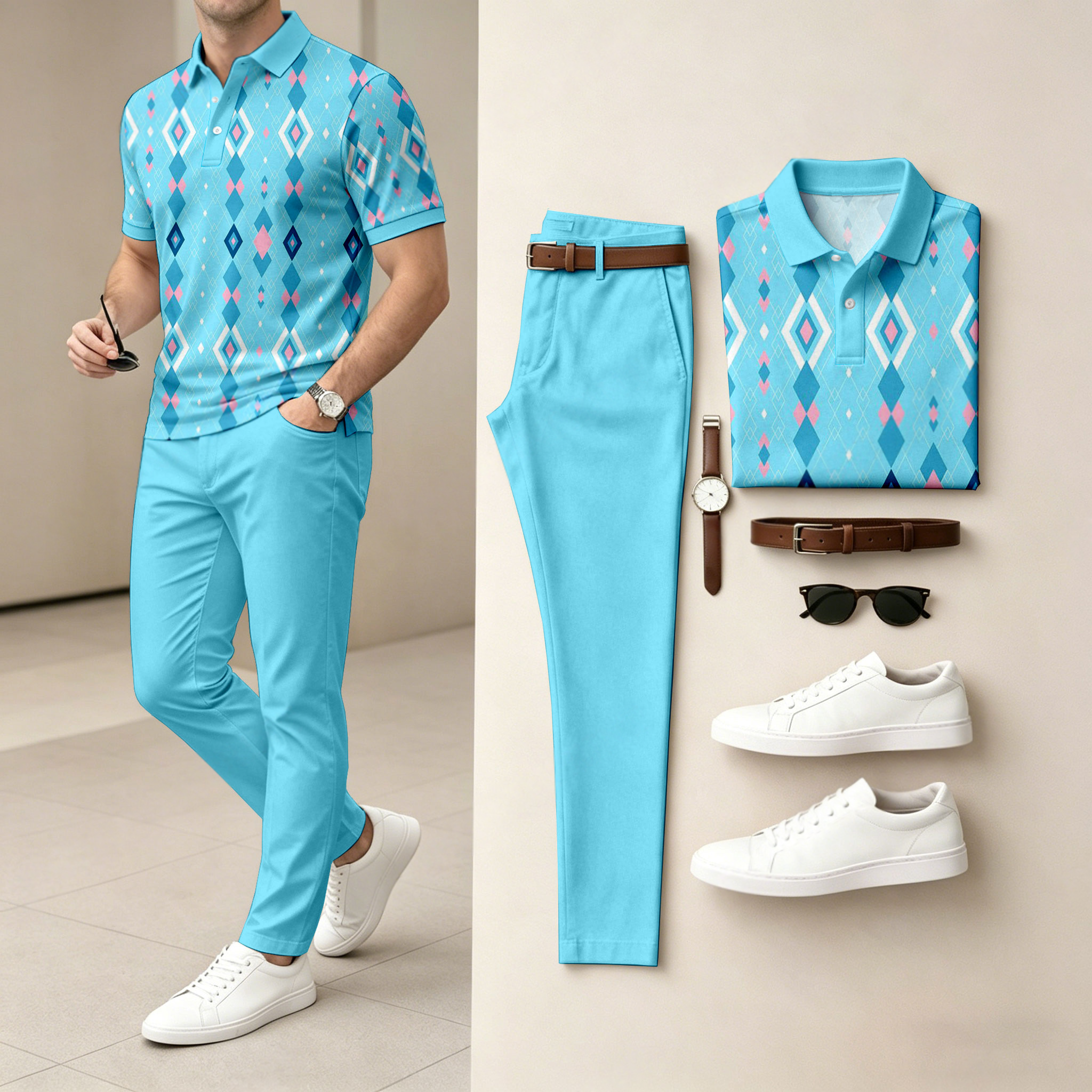 Camisa polo casual Colorful Diamond-Patterned de manga corta And pantalón Set (Excludes Accessories Such As Watches And Belts) para hombre