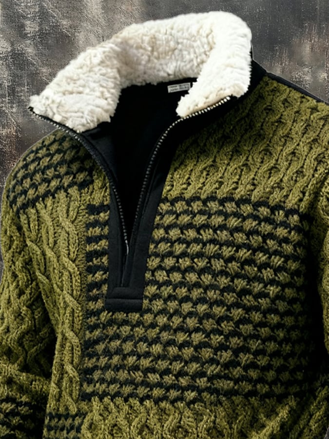 Sudadera retro en bloques de color estampado casual Fur cuello para hombre
