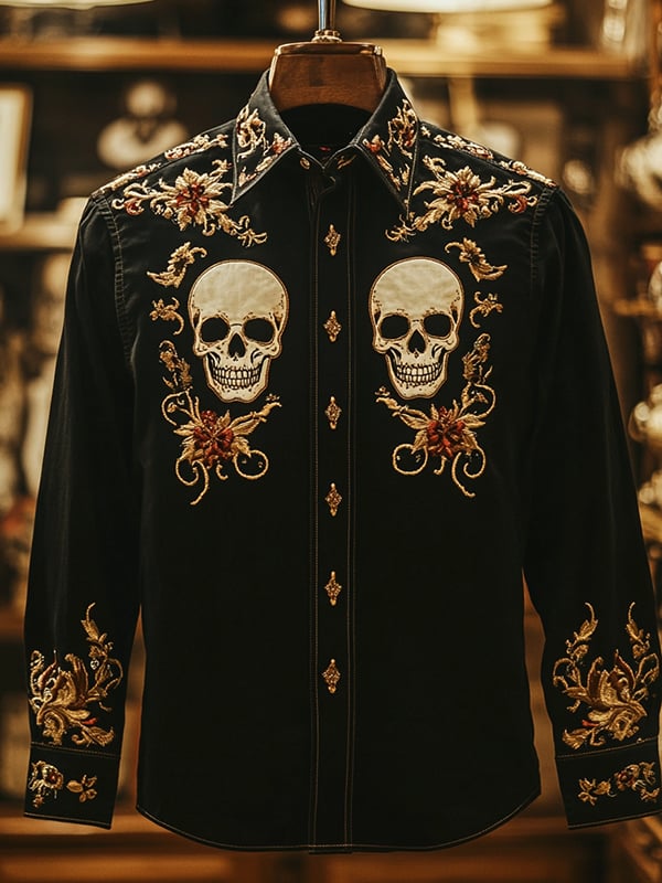 Camisa retro casual Skull estampado de manga larga para hombre