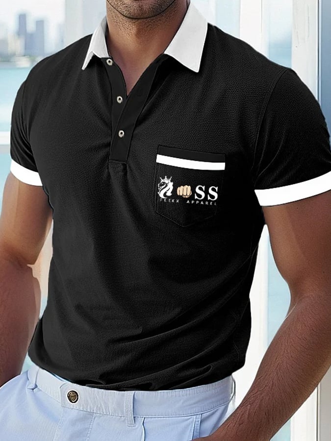 Camisa polo casual Comfortable transpirable retro Letter estampado with bolsillos para hombre