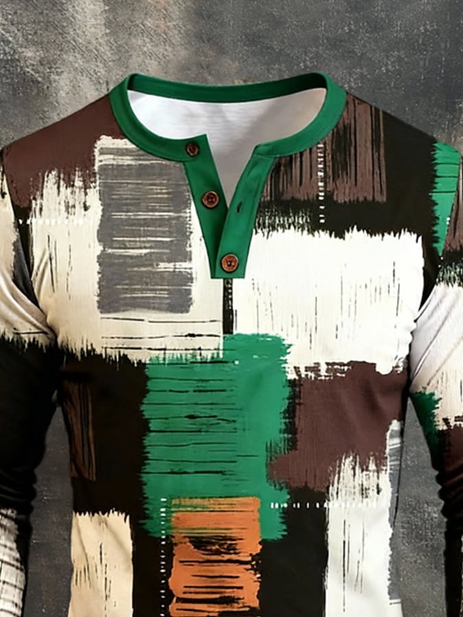 Camiseta retro Stitching Contrast Color Henley cuello de manga larga para hombre