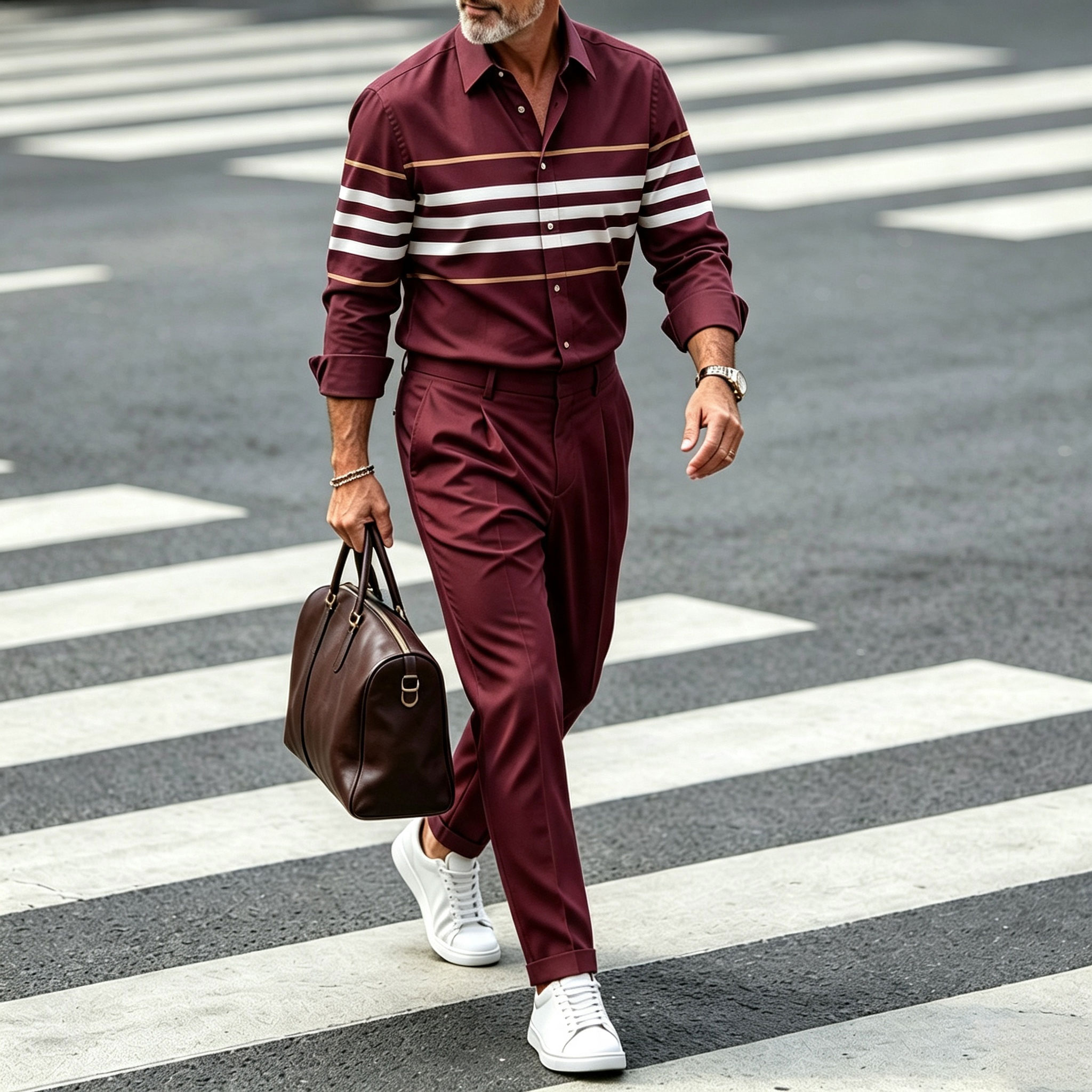 para hombre Horizontal-a rayas Collared de manga larga camisa and pantalón Set