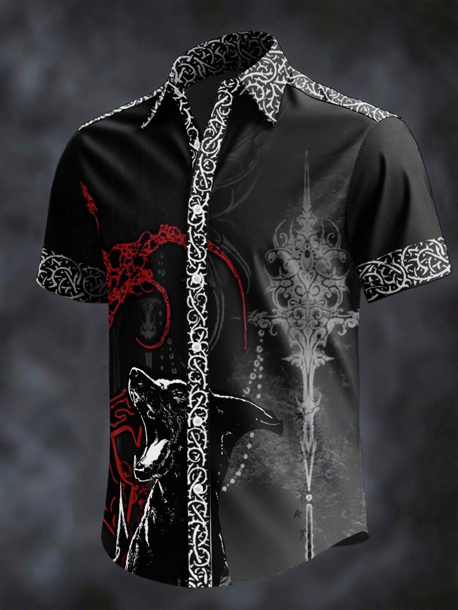 Camisa retro Horror Skull estampado solapa de manga corta para hombre