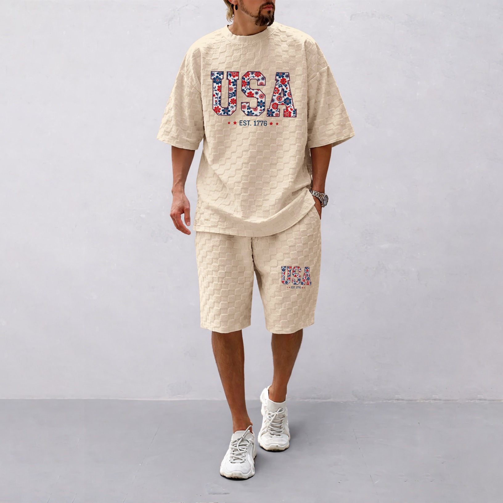 Camisa Spring/Summer USA-estampado a cuadros Drawstring shorts Set—A casual summer outfit featuring a de manga corta and shorts, ideal for both everyday wear and athletic activities para hombre