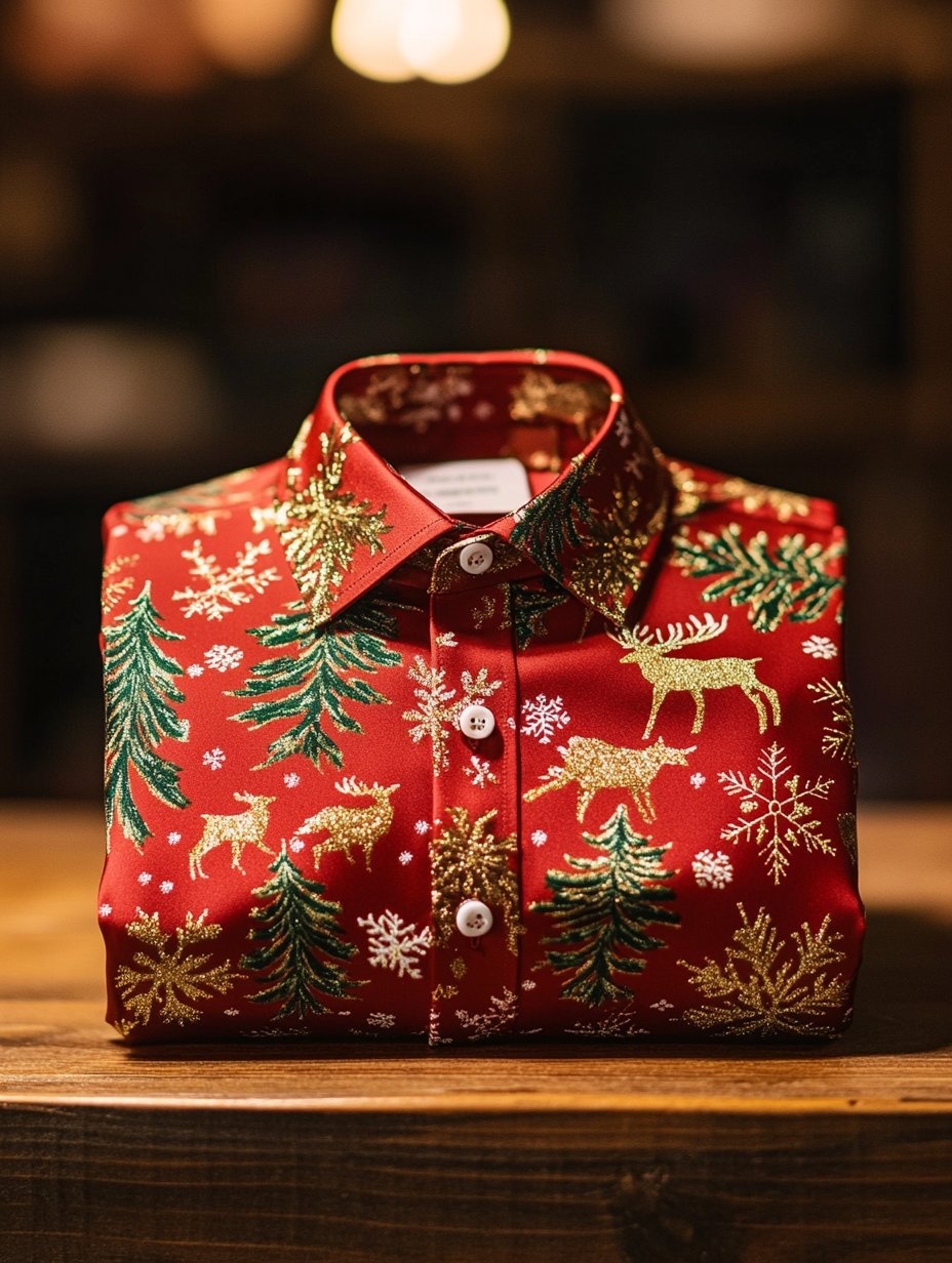 Camisa vintage Christmas Elk Evergreen estampado de manga larga para hombre