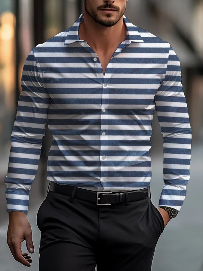 Camisa retro a rayas de moda de manga larga solapa para hombre