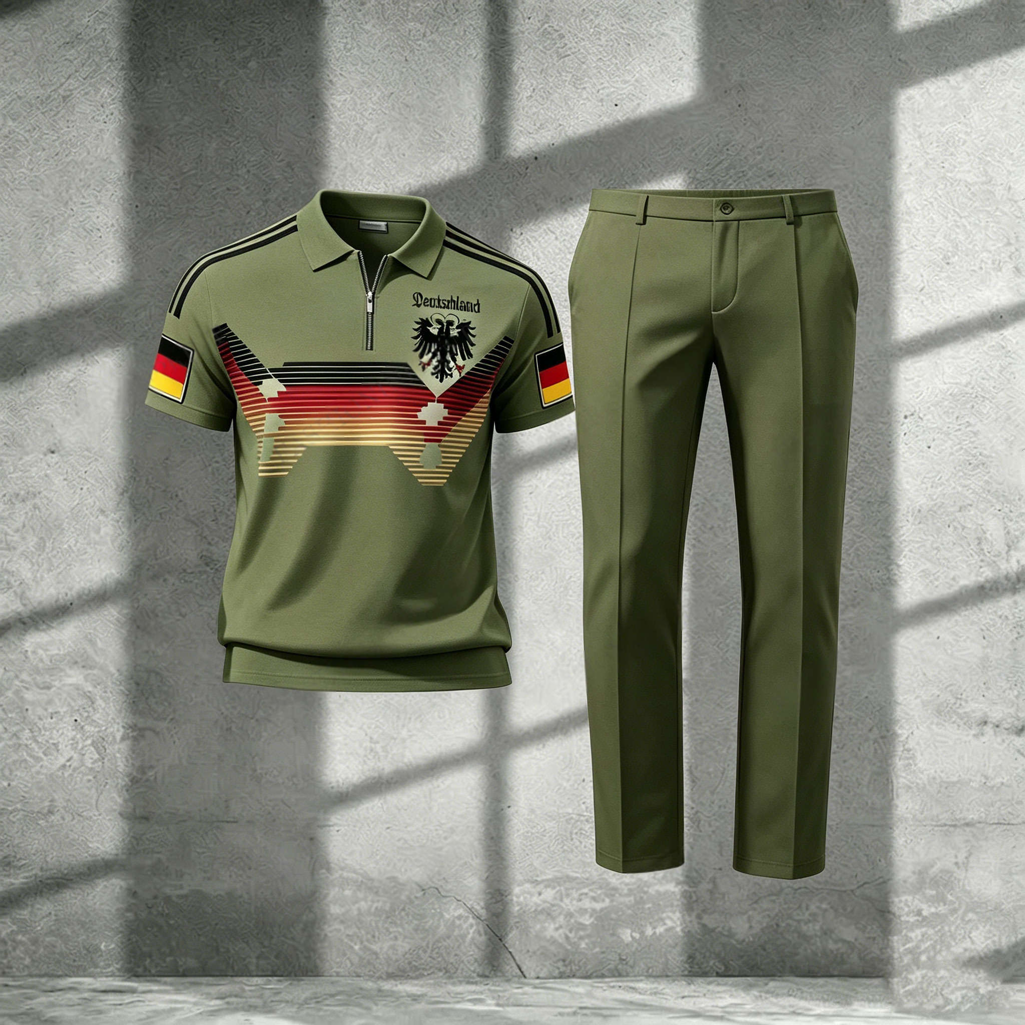 Conjunto de dos piezas casual Dark Green estampado Polo de manga corta camiseta And pantalón para hombre