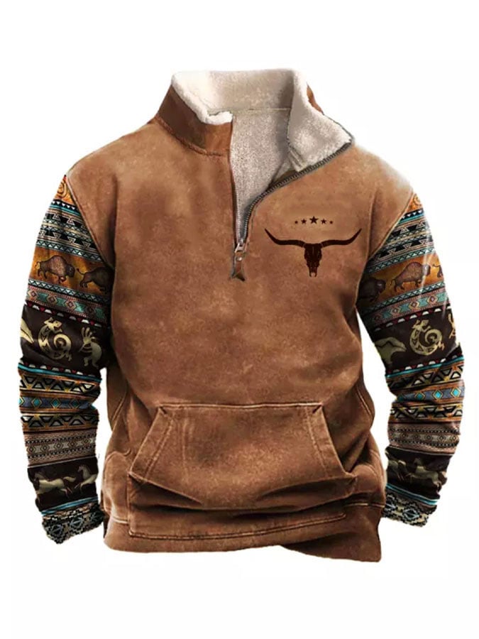Sudadera Western Ethnic Style casual cierre polar para hombre