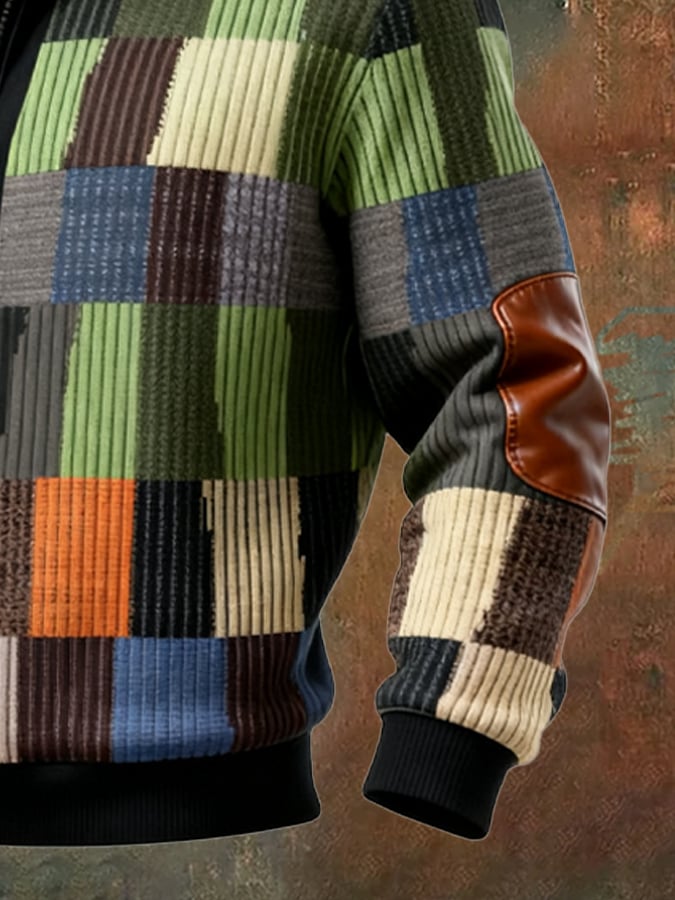 Sudadera retro en bloques de color estampado casual Fur cuello para hombre