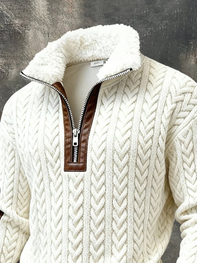 para hombre retro Textured estampado Sweacamiseta with Fur Collar