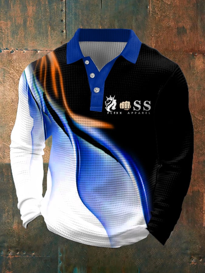 Camisa polo retro Letter Design Waffle Fabric de manga larga para hombre