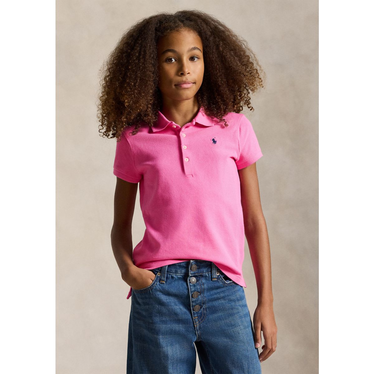 Girls 7-16 Stretch Cotton Mesh Polo Shirt - 1