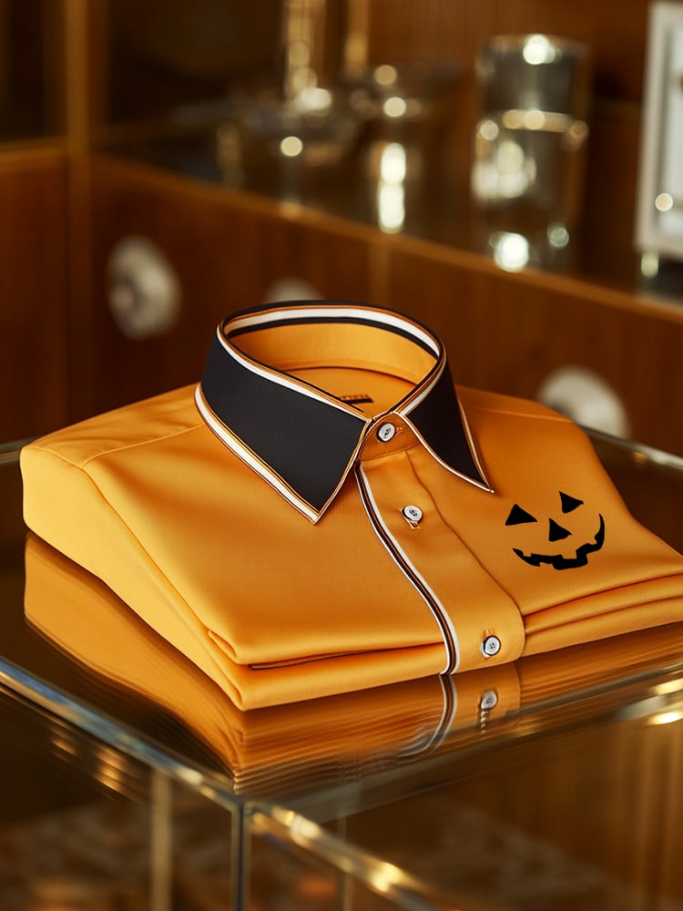 Camisa ejecutivo casual Orange Pumpkin Emoji estampado solapa de manga larga para hombre