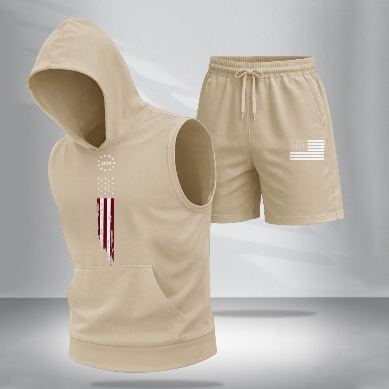 Conjunto de dos piezas American Flag estampadoHooded Tank Top & shorts Set, Regular Fitcasual Athletic de moda Activewear SleevelessTop & shorts, Summer Clothes para hombre