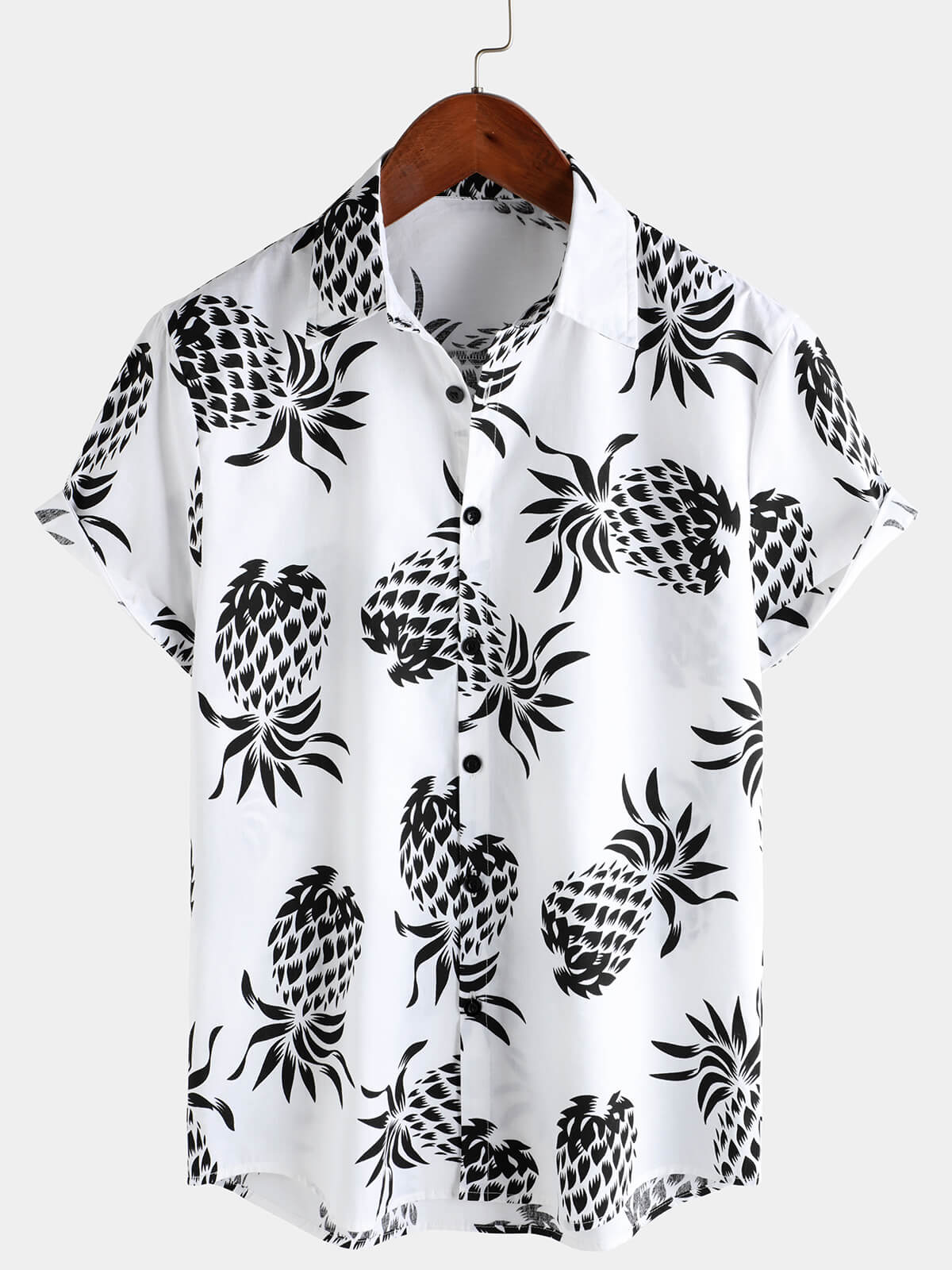 Camisa de algodón Pineapple estampado Summer Hawaiian Button Up de manga corta para hombre