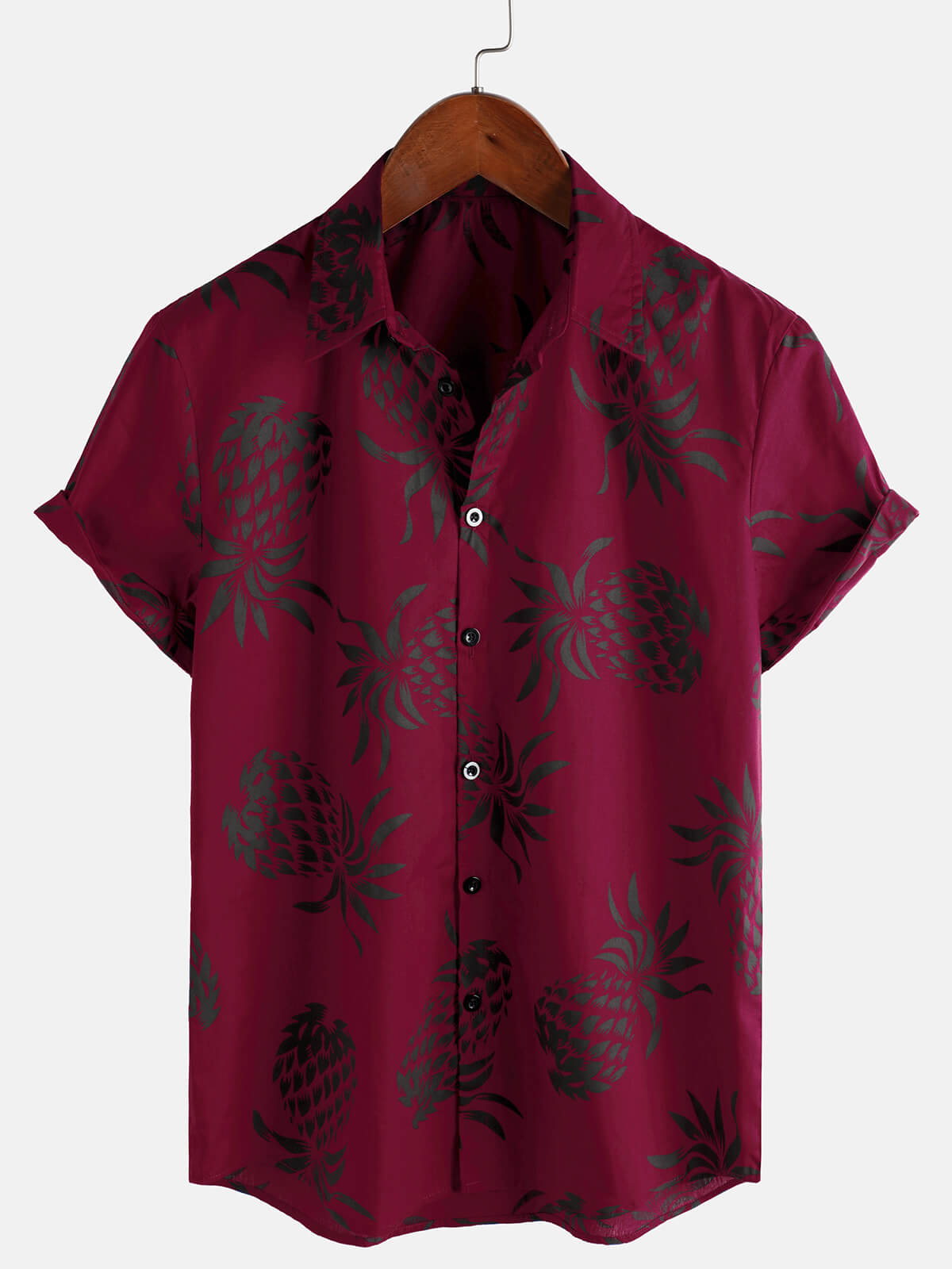 Camisa de algodón Pineapple estampado Red Summer Hawaiian Button Up de manga corta para hombre