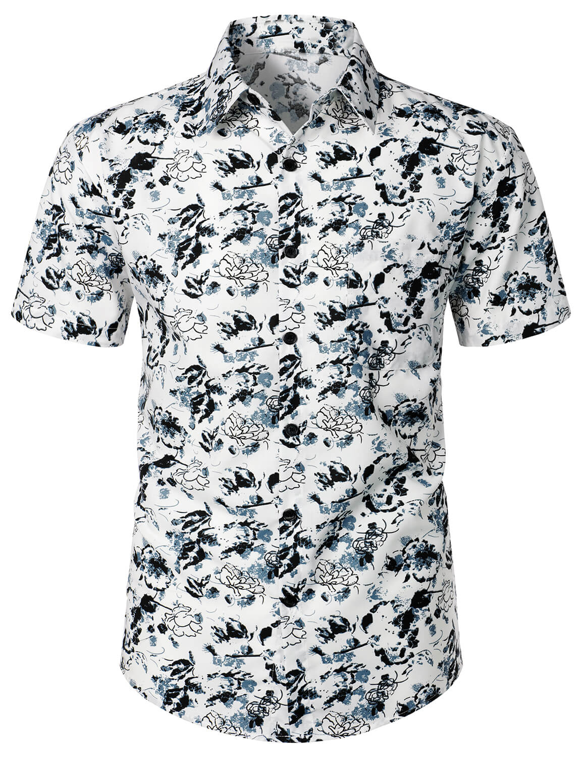 Camisa White and Black floral Summer Flower Button Up de algodón de manga corta para hombre
