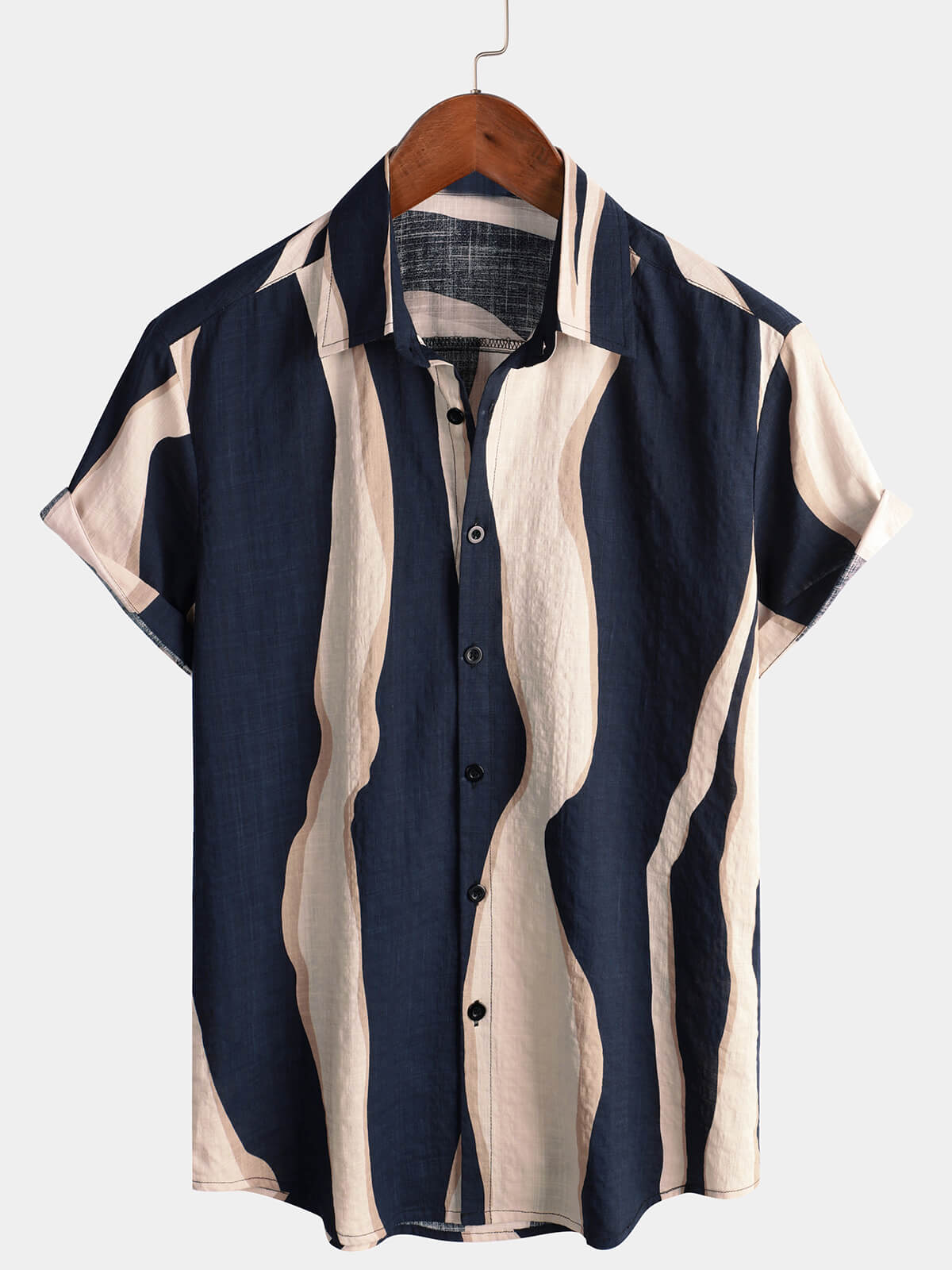 Camisa retro casual a rayas Summer Vacation Navy Blue Button Up de manga corta para hombre