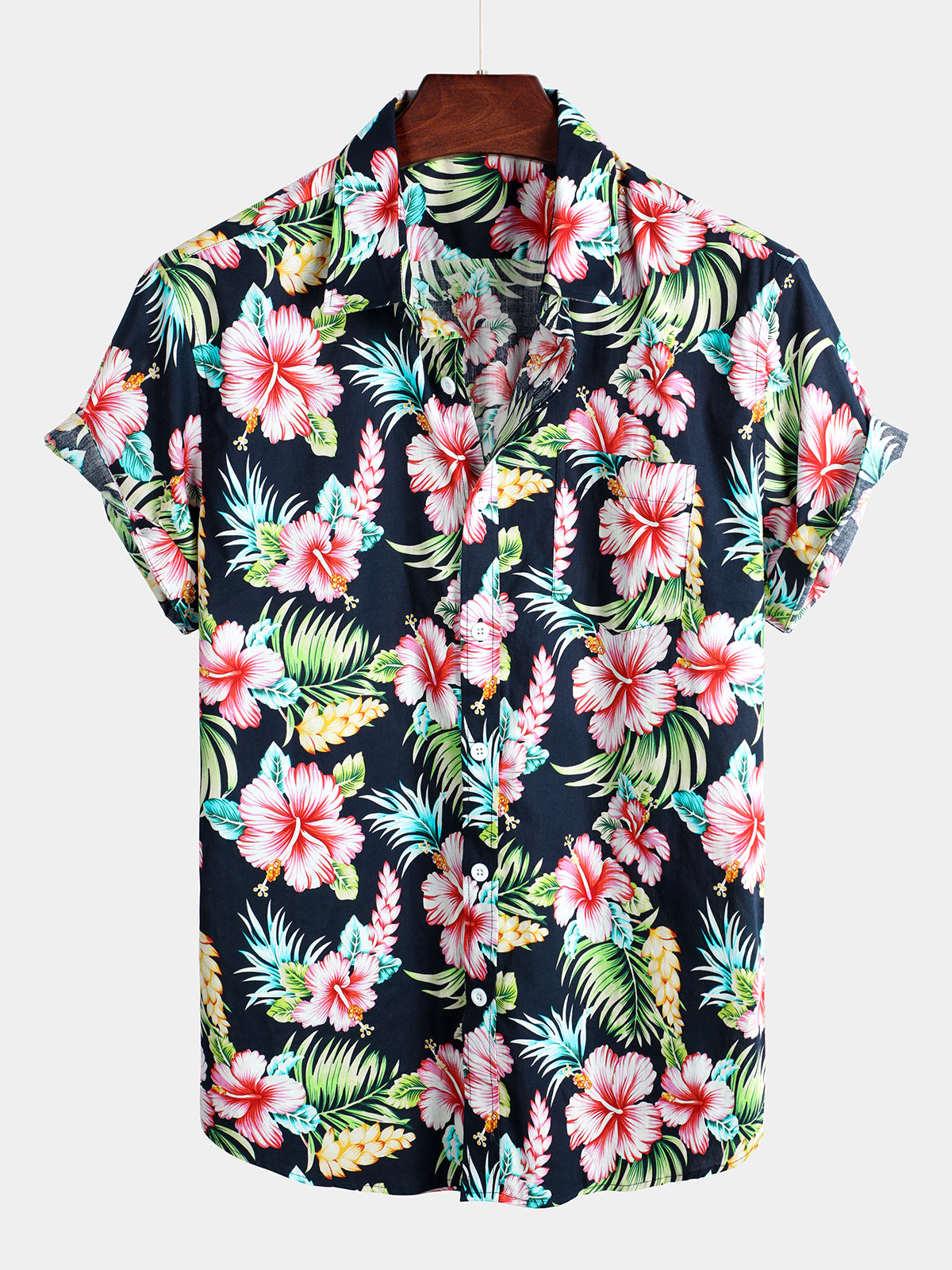 Dark Blue floral Holiday de manga corta de algodón Pockecamiseta para hombre