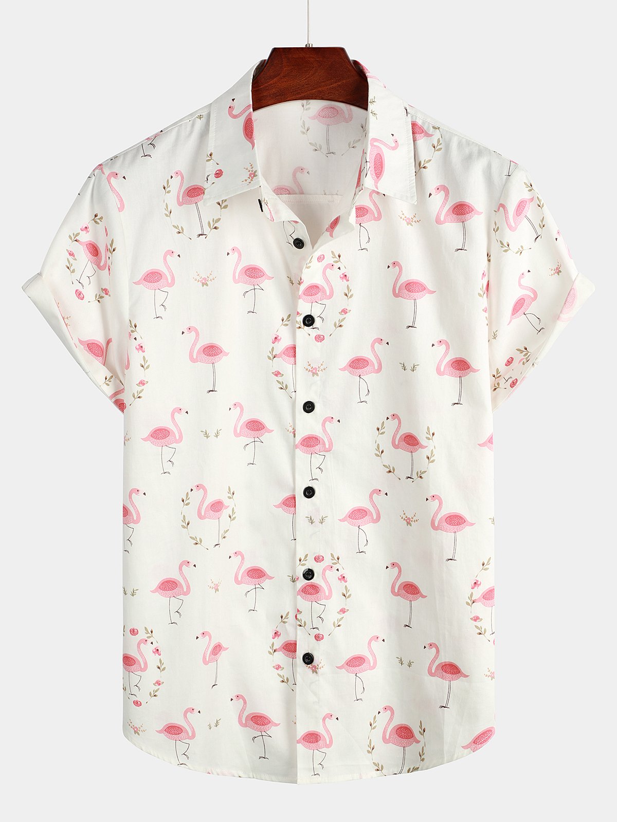 Camisa Pink Flamingo estampado de algodón de manga corta para hombre