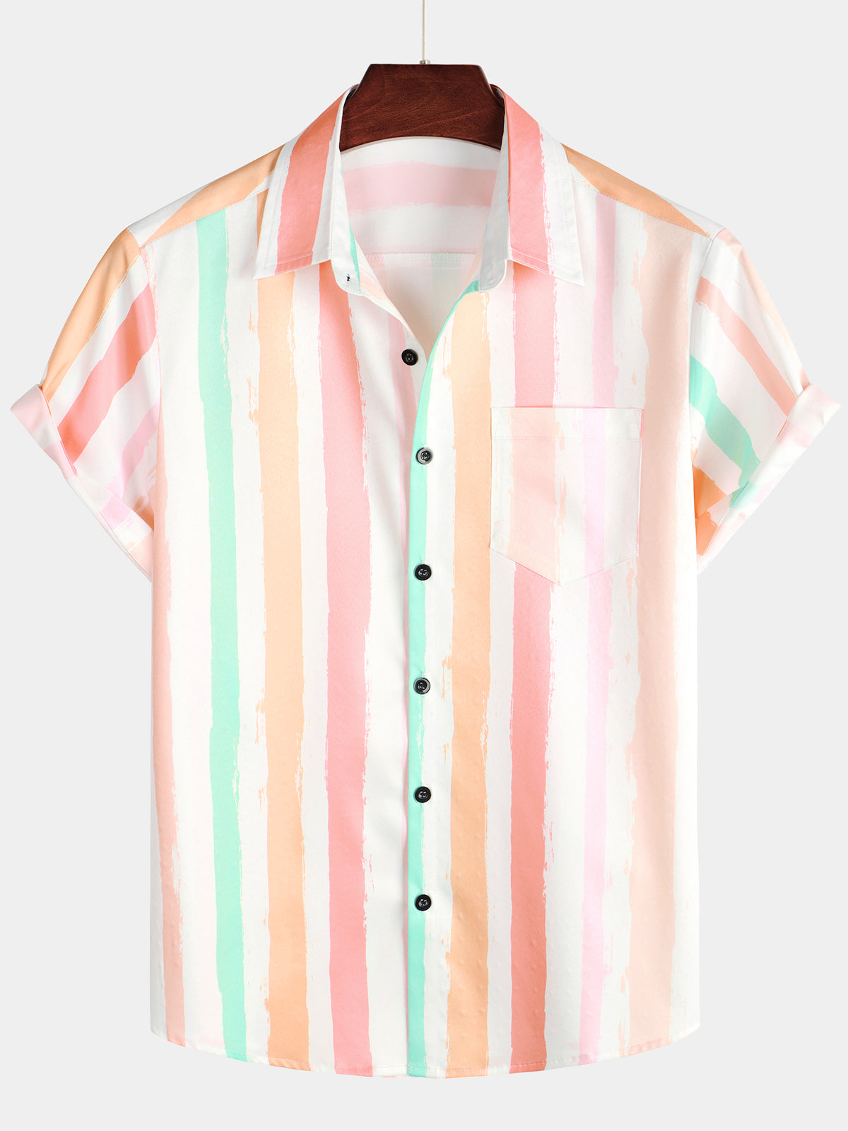 Camisa Summer Pink And White Vertical a rayas Pocket Button Up Rainbow de manga corta para hombre