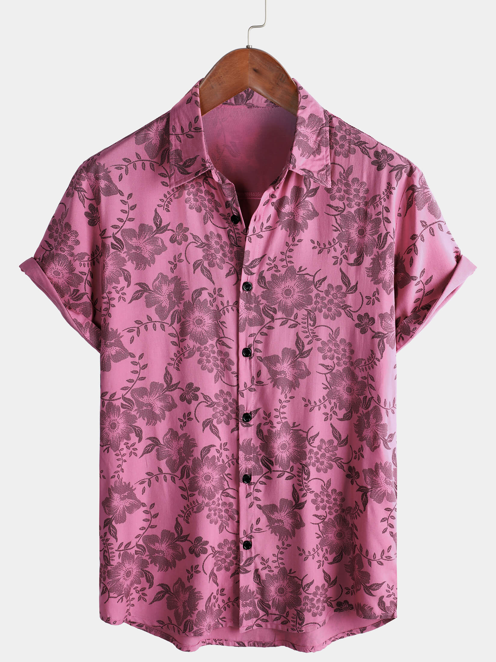 Camisa Pink floral estampado vintage Holiday transpirable Button Up Hawaiian de manga corta para hombre