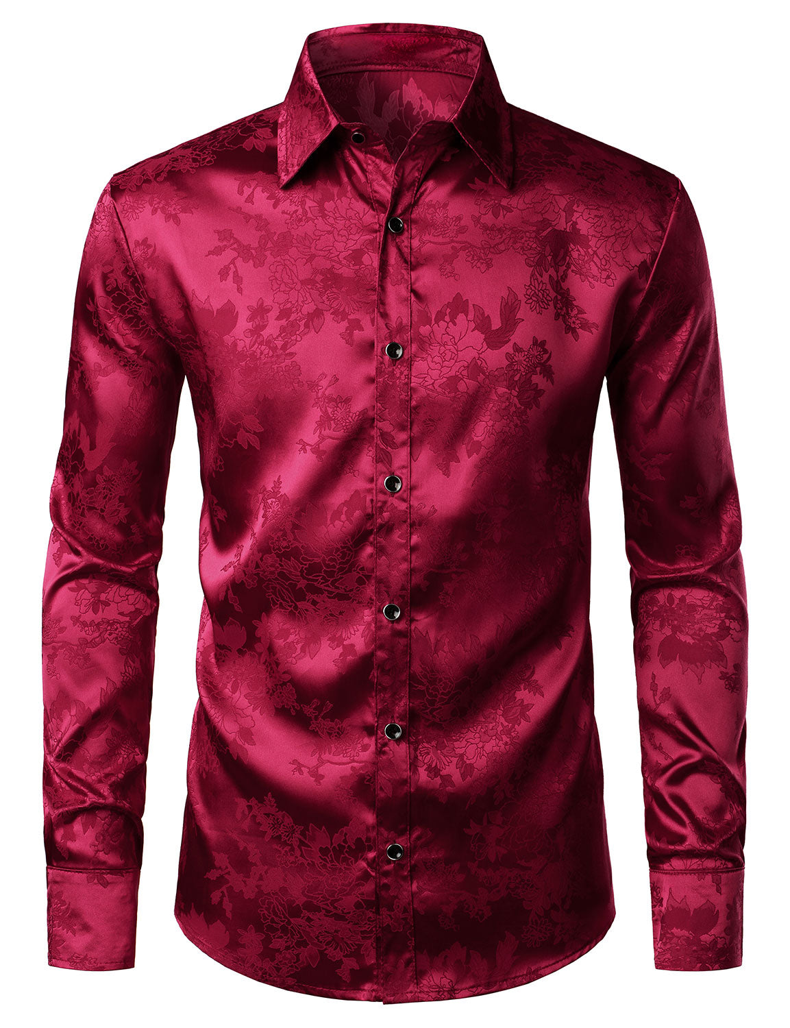 Camisa de vestir Shiny Satin floral Jacquard Red Button Up de manga larga para hombre