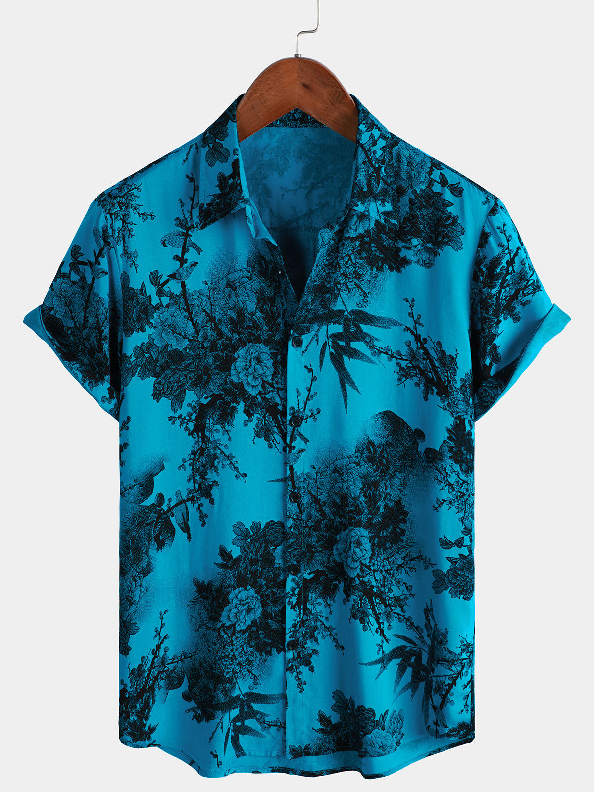 Camisa Blue retro Holiday transpirable Flower Hawaiian de manga corta para hombre