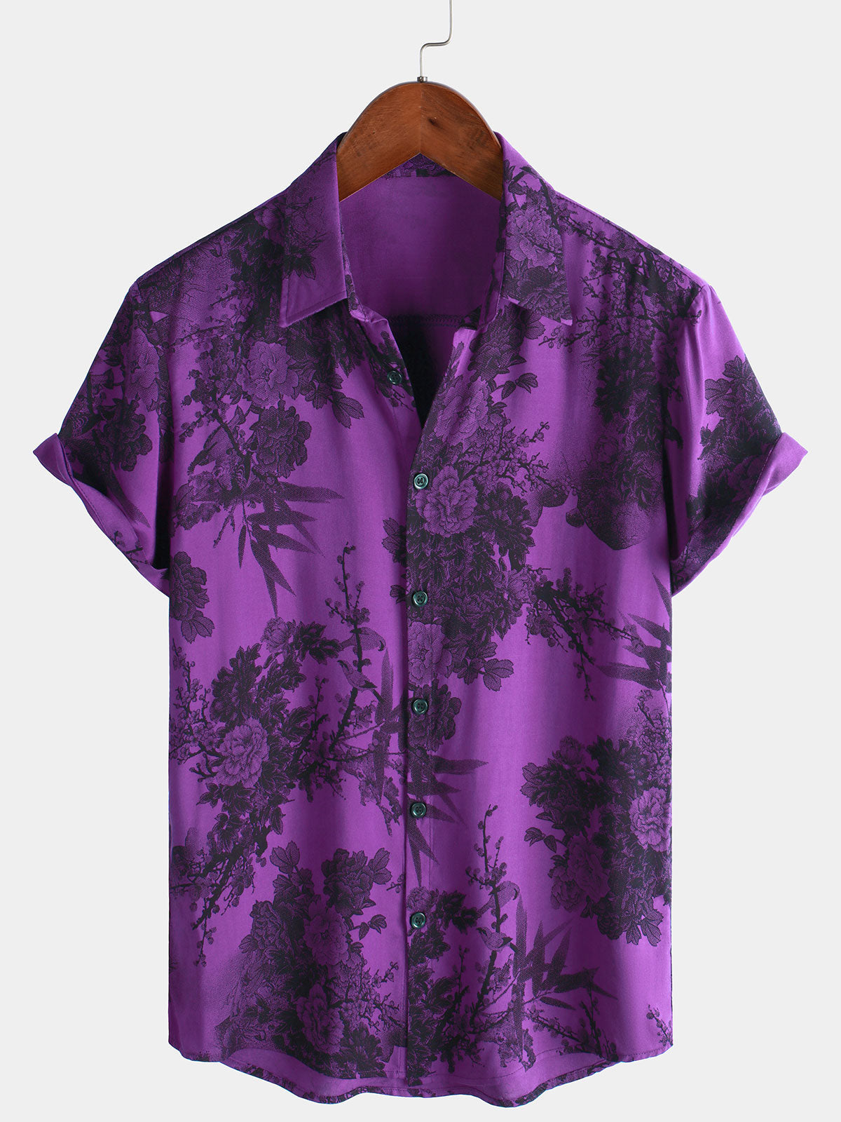 Camisa Purple retro Holiday transpirable Flower Hawaiian de manga corta para hombre